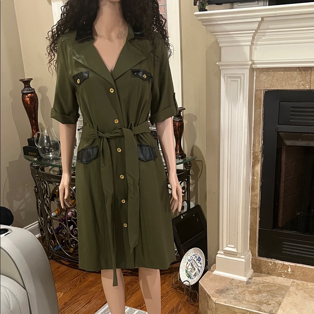 Olive Green Trench Dress with Black Accents Sharagano
